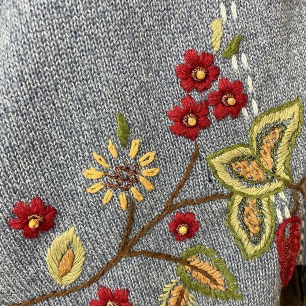ALFRED DUNNER Blue Button Sweater Womens (L) Cotton Beaded Embroidered Floral - Picture 7 of 8